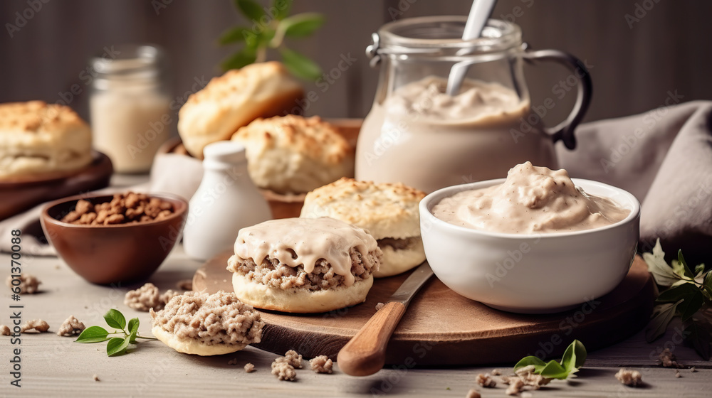 Drop Biscuits and Sausage Gravy, traditional breakfast, ai illustration Drop Biscuits and Sausage Gravy, traditional breakfast, ai illustration