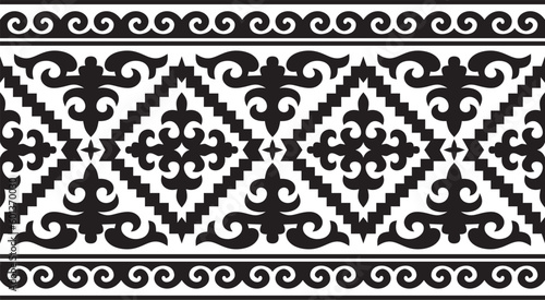 Vector black monochrome seamless Kazakh national ornament. Ethnic endless pattern of the peoples of the Great Steppe, .Mongols, Kyrgyz, Kalmyks, Buryats. frame border.