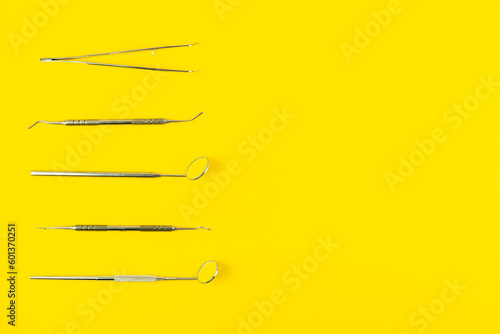 Teeth care and dental health background with dental equipment tools