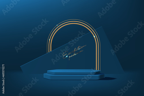Blue podium with golden arch. Cosmetics product presentation clean platform base, luxury fashion showcase pedestal or exhibition gallery empty display dark blue podium realistic vector background