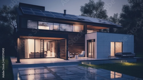A modern two-story cottage with panoramic windows, a spacious terrace, a swimming pool and solar panels on the roof. Spectacular sunset light. The concept of smart home and alternative Generative AI © Georgii