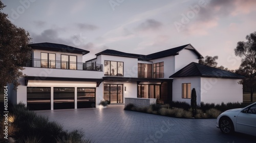 Modern large and spacious two-story house with white walls and a black roof  a spacious terrace and a garage. Spacious parking and car in front of the house. Generative AI