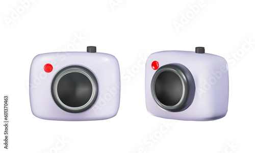 rendering of a white webcam with a gray button. Front view, side view. Vector realistic 3d illustration isolated on white background.