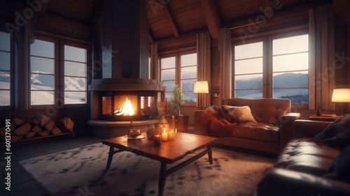 Modern cozy living room in a chalet with large windows and stunning views of the mountains at sunrise or sunset. A burning fireplace, soft sofas, cozy atmosphere. Generative AI