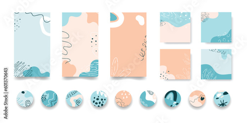 A great social media kit with abstract pastel banner templates, storis and highlighters. Vector smooth shapes and hand-drawn elements for beauty photo