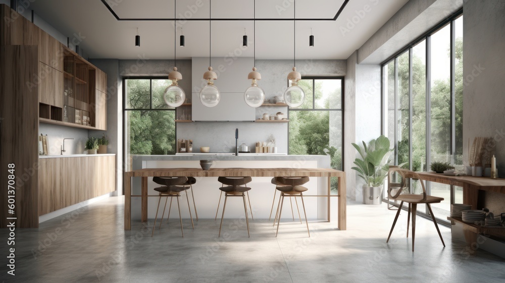 Modern spacious bright kitchen with dining area, table and chairs. Minimalistic design, free space, large panoramic windows with stunning views of the garden. The concept of a modern Generative AI Modern spacious bright kitchen with dining area, table and chairs. Minimalistic design, free space, large panoramic windows with stunning views of the garden. The concept of a modern Generative AI