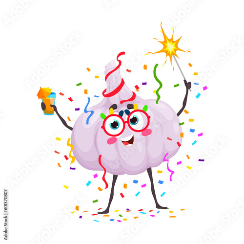 Cartoon funny garlic vegetable character on birthday, anniversary holiday. Birthday celebration, anniversary holiday greeting cute vegetable vector personage with fireworks sparkler, cocktail glass