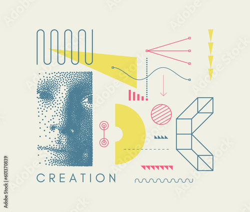 Discovery, studying and learning concept. Time to think. Man scientist thinking. Art composition in memphis style. Cover design template for layout of the science brochure, poster or presentation.