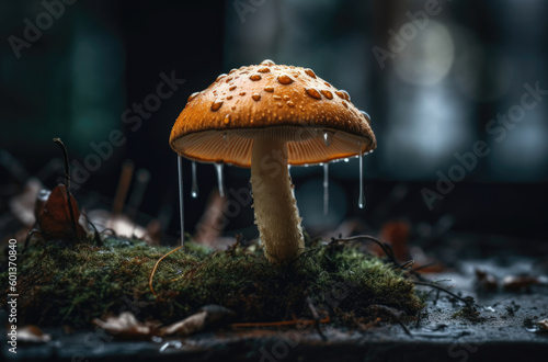 A mushroom in its natural habitat, surrounded by lush foliage and moist soil. The mushroom's cap is adorned with droplets of water. Generative AI