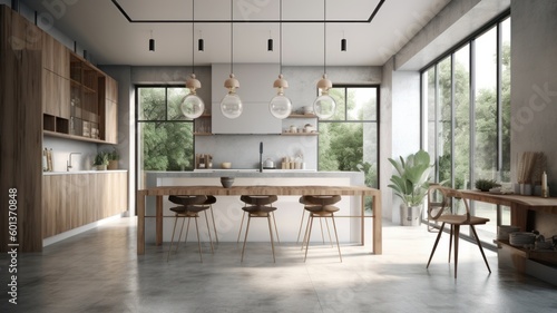 Modern spacious bright kitchen with dining area  table and chairs. Minimalistic design  free space  large panoramic windows with stunning views of the garden. The concept of a modern Generative AI