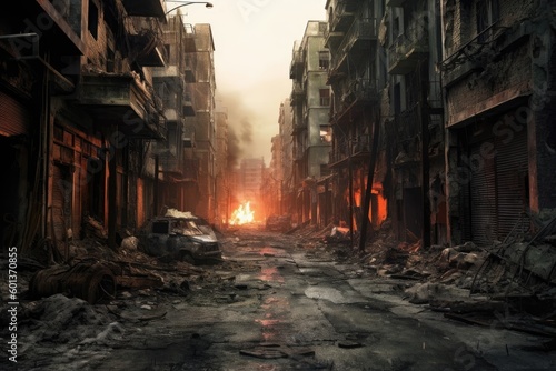 A burned city street with no life generative ai apocalyptic scene of a burned city street after world apocalyptic war