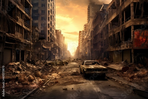 A burned city street with no life generative ai apocalyptic scene of a burned city street after world apocalyptic war