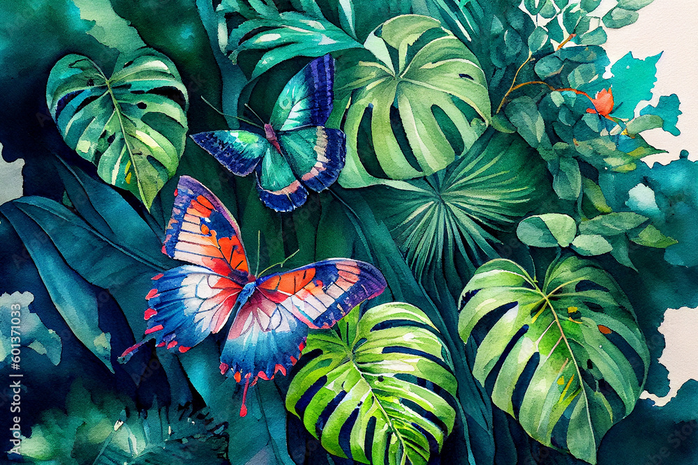 Colorful butterflies fluttering about in a tropical garden, featuring lush foliage and vibrant flowers, generative ai illustration