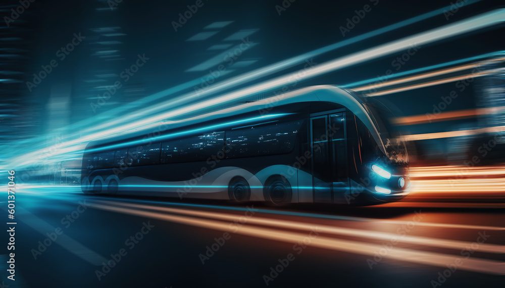 Ai generated illustration of blue futuristic taxi buses on the road, driving in the futuristic city night view Ai generated illustration of blue futuristic taxi buses on the road, driving in the futuristic city night view