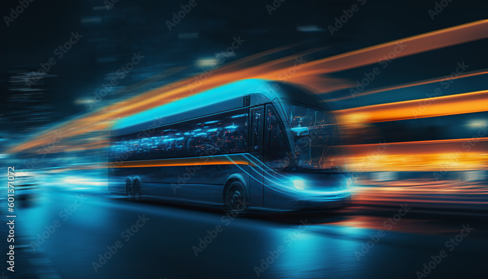 Ai generated illustration of blue futuristic taxi buses on the road, driving in the futuristic city night view