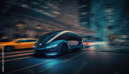 Ai generated illustration of blue futuristic taxi buses on the road, driving in the futuristic city night view
