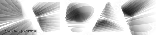 Layered wavy pattern. Abstract background with dynamic effect. Set of various overlapping elements. Geometric design. Modern screen design. 3d illustration for brochure, banner, flyer, presentation.