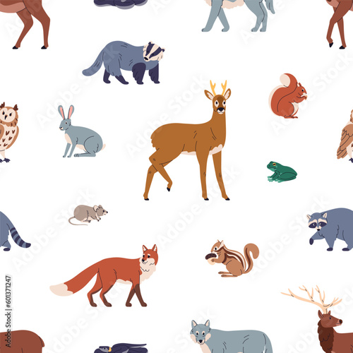 Seamless pattern, forest animals repeating print. Wild beasts, endless background design, wildlife species. European fauna, nature, repeatable wallpaper, textile, fabric. Flat vector illustration © Good Studio