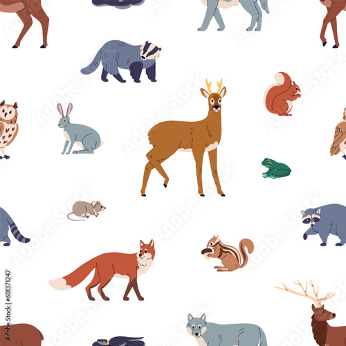 Seamless pattern, forest animals repeating print. Wild beasts, endless background design, wildlife species. European fauna, nature, repeatable wallpaper, textile, fabric. Flat vector illustration