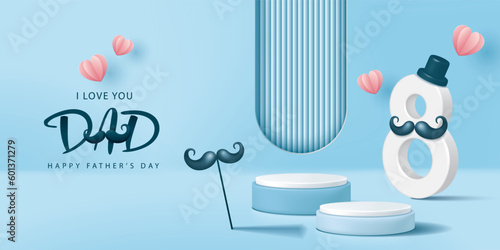Father's day banner for product demonstration. Blue pedestal or podium with mustache and flying hearts on blue background.