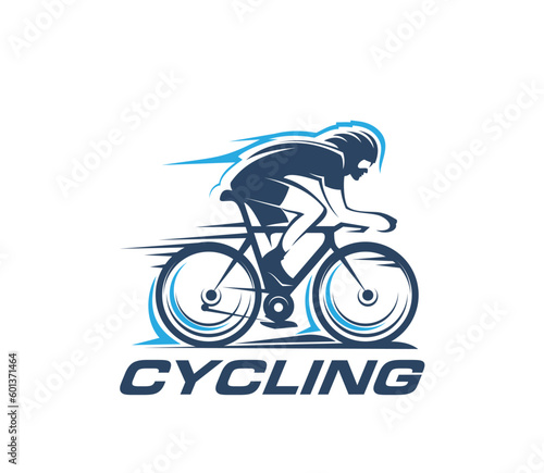 Cycling sport icon. Bike racer silhouette. Athletic competition or championship, bicycle track racing team, sport club vector sign or symbol with racer sprinting, touring on bike