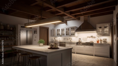 Modern stylish white kitchen in a spacious wooden house with large windows and beamed ceilings. Kitchen island with counter and bar stools. Classic American style. Generative AI © Georgii