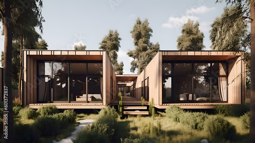 Modular house made with wood with large panoramic windows. Mobile eco-friendly space for living and tourism. AI Generated. Generative AI © Philippova