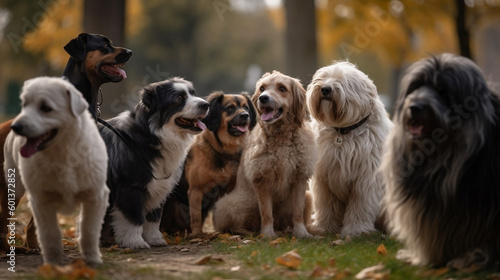 A group of dogs of different breeds and sizes resting together in a park. Generative AI