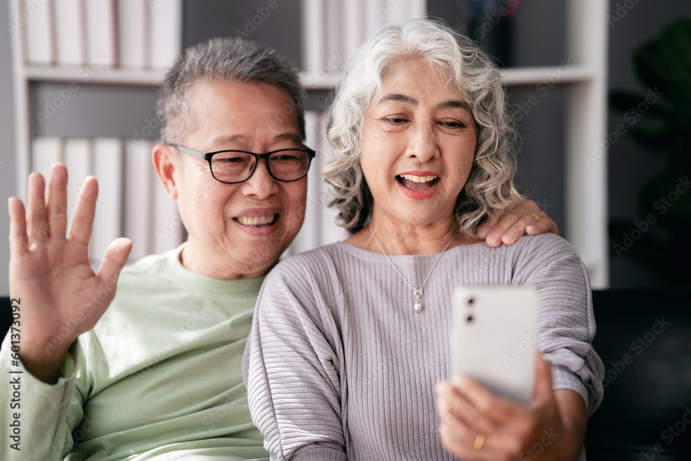 Senior couple use smartphone to video conference and greeting wi Senior couple use smartphone to video conference and greeting wi