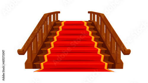 Castle and palace staircase. Wooden stair with red carpet. Isolated vector wood ladder with railing, adorned with a luxurious rug, leads up to the grand hall of medieval entrance or royal hallway