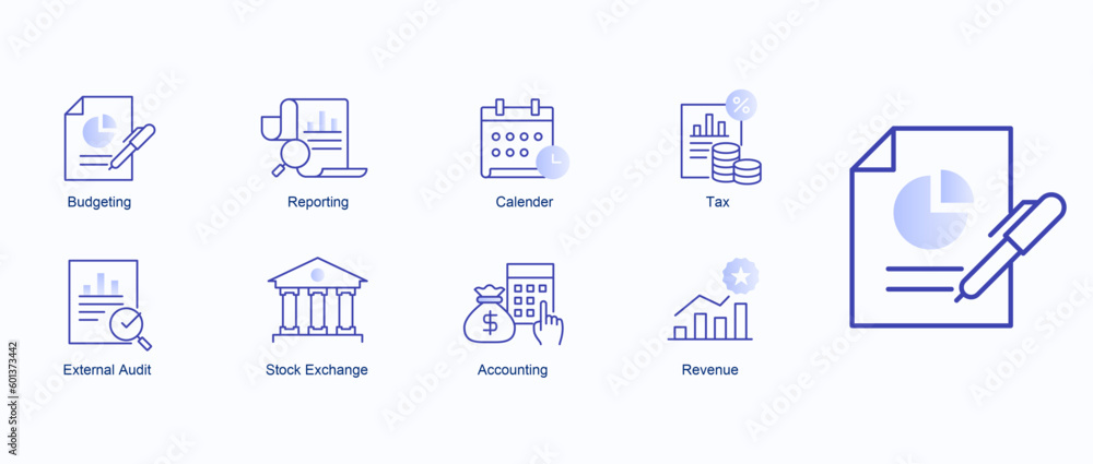 Financial Reporting and Budgeting Icons. Revenue Statement Vector Icons.  External Audit Vector Icons. Editable Stroke.
