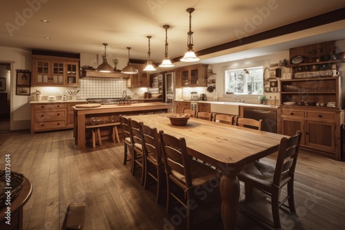 Cozy country-style kitchen with wooden furniture, dining area, table and chairs. American classic, modern style. Generative AI