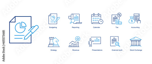 Fiscal Year Vector Icons. Financial Reporting and Budgeting Icons. Revenue Statement Vector Icons.  External Audit Vector Icons. Editable Stroke.