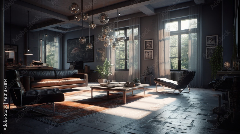 Fototapeta premium Luxurious modern living room in dark colors with a soft leather sofa and armchair, lots of decorative plants. Huge panoramic windows with stunning views of the garden in the rays of the Generative AI