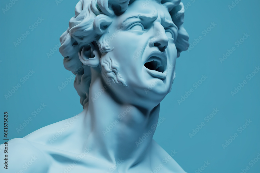 Antique sculpture of shouting man.