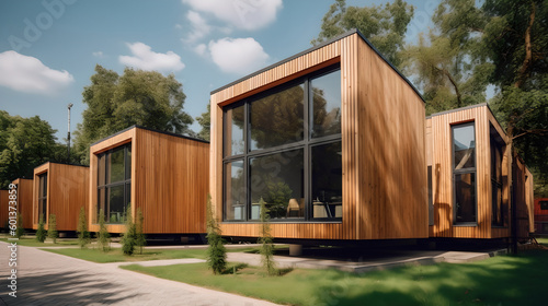 Modular house made with wood with large panoramic windows. Mobile eco-friendly space for living and tourism. AI Generated. Generative AI