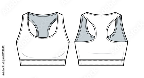 Bralette fashion flat technical drawing template. a pullover scoopneck, elastic underband, and racerback. flexible fit. Sports bra technical fashion Illustration. front, and back view.CAD mock-up set. photo