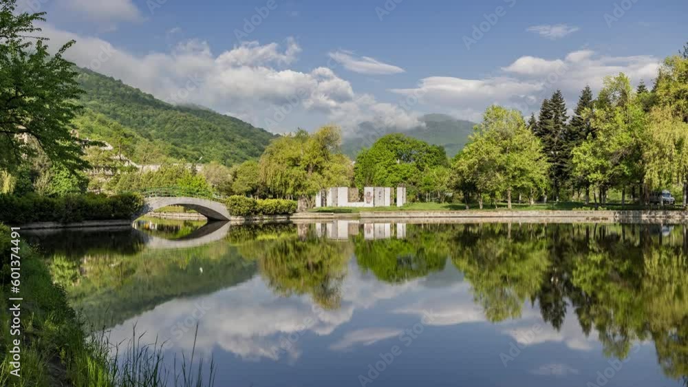 Beautiful view of small lake at Dilijan city park on sunny morning