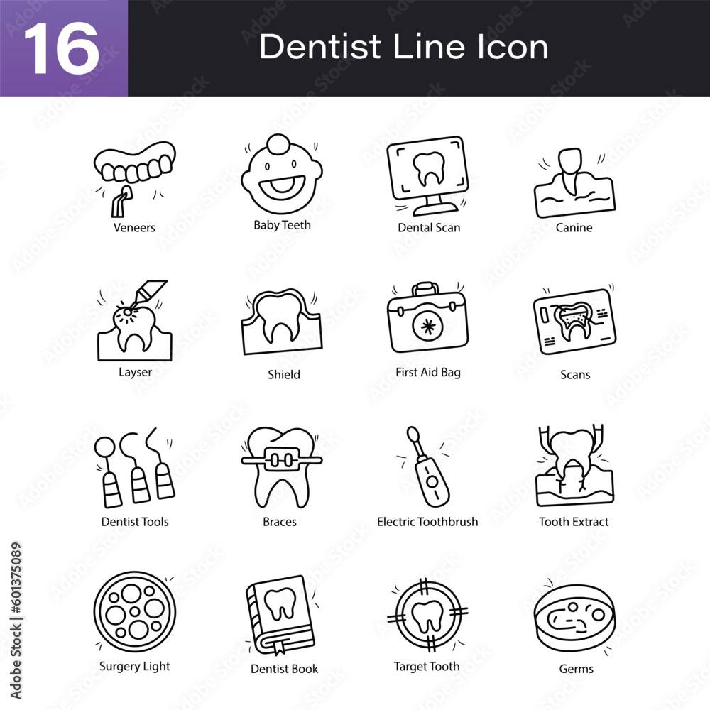 Dentist Outline Hand Draw icon Set 06. EPS 10 File