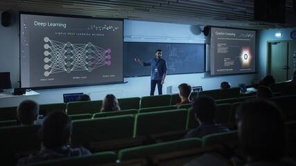 Diverse Multicultural Students Studying in University Room, Listening to a Young Multiethnic Professor Explaining Big Data and Artificial Intelligence Research Project. Quantum Computer Education