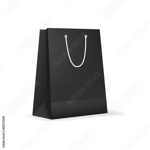 Black paper shopping bag with rope handle mockup. Retail shopping product package, boutique cardboard packet or store purchase shopper realistic vector mockup. Isolated paper packaging 3d template