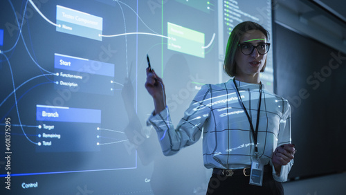 Portrait of a Young Female Professor Explaining Big Data and Artificial Intelligence Research Project in a Dark Room with a Screen Showing a Neural Network Model. Computer Science Education in College photo
