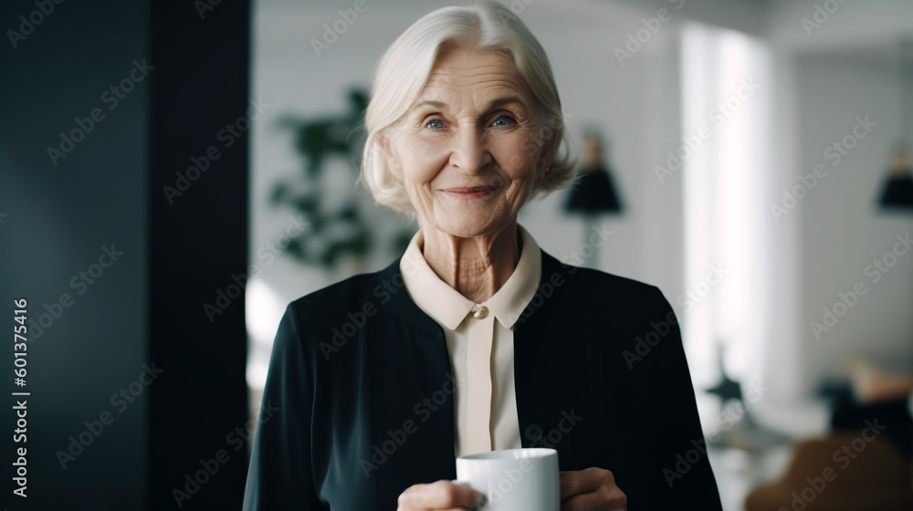 Elderly woman wearing a black and white outfit in a minimalist living room - generative AI, AI generated Elderly woman wearing a black and white outfit in a minimalist living room - generative AI, AI generated