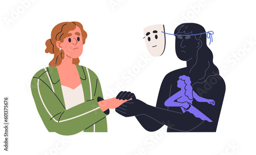 Insincere hypocrite help support. Pretending nice, friendly, hiding real feeling behind face mask. Relationship, communication psychology concept. Flat vector illustration isolated on white background