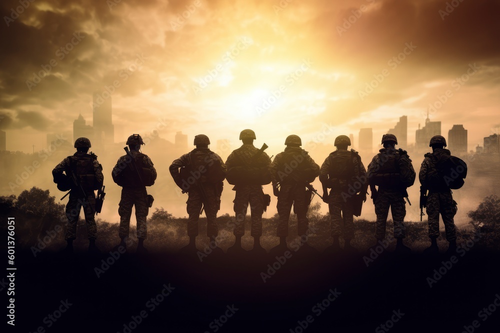 A group of military silhouettes on a battlefield created with Generative AI A group of military silhouettes on a battlefield created with Generative AI
