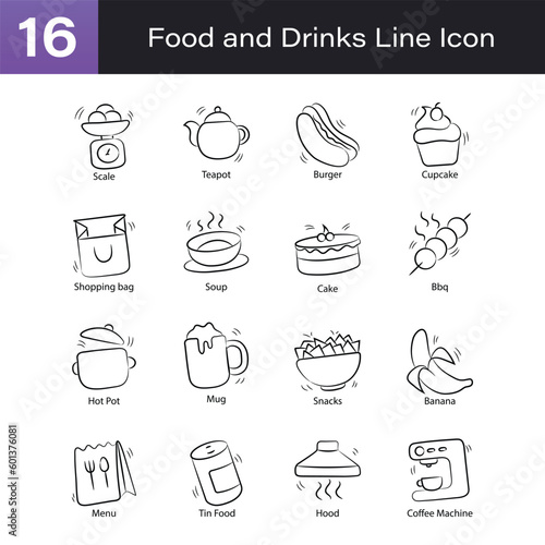 Food and Drinks Outline Hand Draw icon Set 0. EPS 10 File