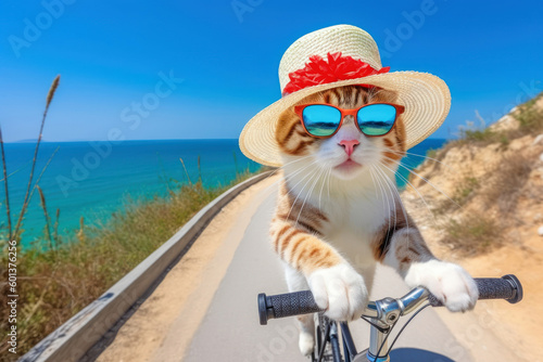 Cat in a hat rides a bike on the sunny beach. Generative AI
