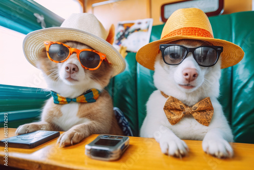 Dogs in a hat go to rest at sea. Dogs travelers. Generative Ai