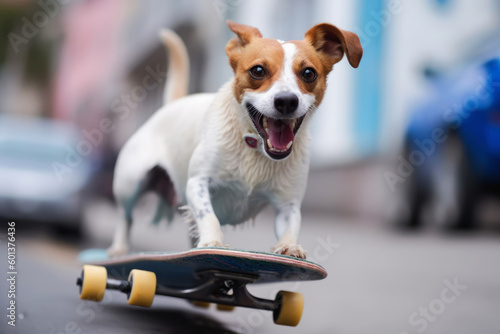 Funny dog rides a skateboard. Jack Russell terrier on a skateboard. Generative Ai