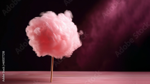 Pink candy floss on a stick on dark background with copy space. Generative AI